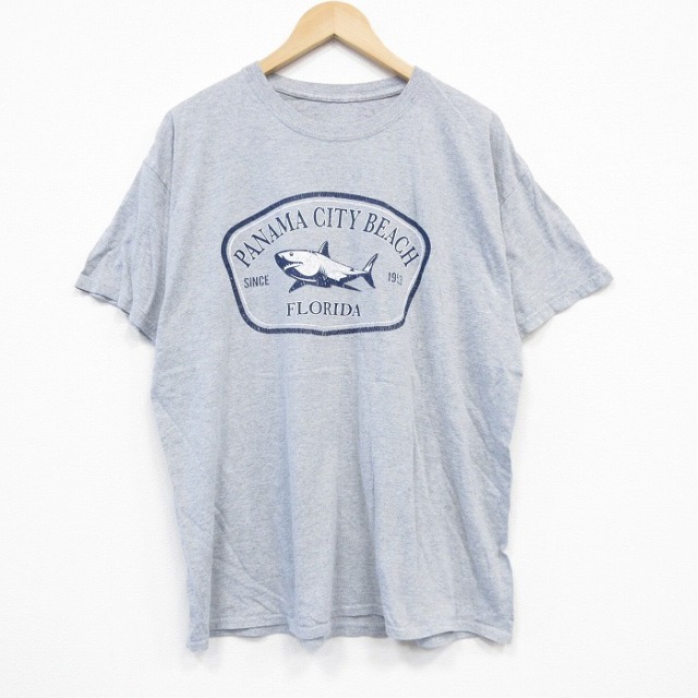 【50%OFF】XL★古着 半袖 Tシャツ メンズ サメ 大きいサイズ クルーネック グレー 霜降り 25aug29 中古