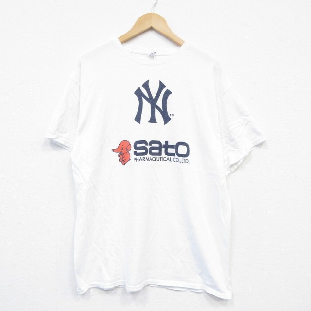 XL★古着 半袖 Tシャツ メンズ MLB ニューヨークヤンキース 佐藤製薬 コットン クルーネック 白 ホワイト メジャーリーグ ベースボール 野球 25aug29 中古