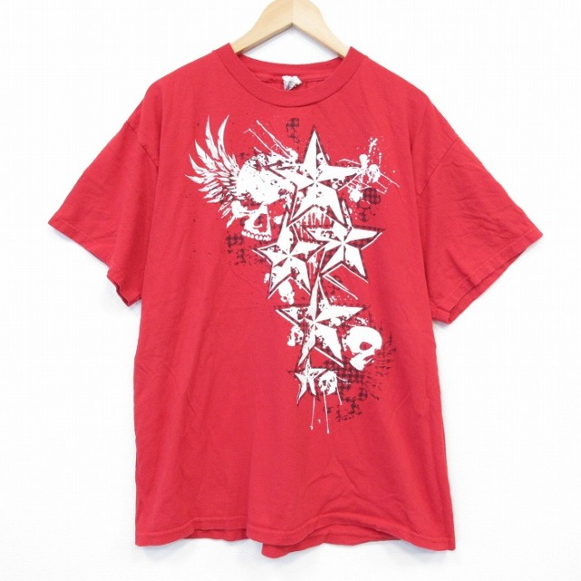 【50%OFF】XL★古着 半袖 Tシャツ メンズ スカルウィング 大きいサイズ コットン クルーネック 赤 レッド 25aug29 中古