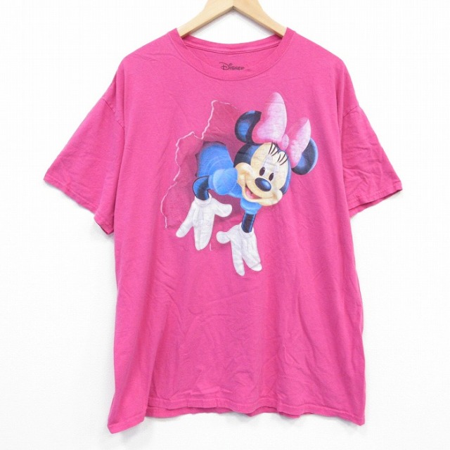 XL★古着 半袖 Tシャツ メンズ ディズニー DISNEY ミニー 両面プリント コットン クルーネック 濃ピンク 25aug29 中古