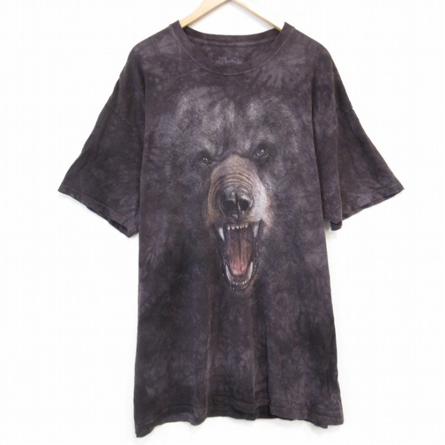 XL★古着 THE MOUNTAIN 半袖 Tシャツ メンズ クマ 大きいサイズ ロング丈 コットン クルーネック 濃グレー タイダイ 25aug30 中古
