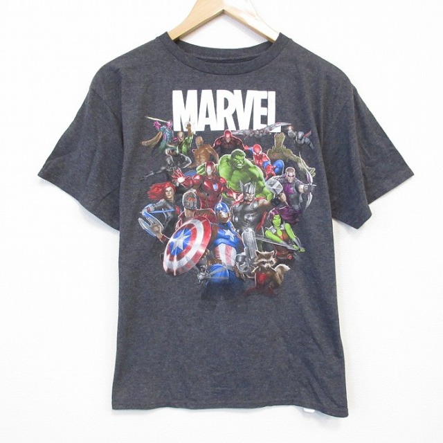 【50%OFF】L★古着 半袖 Tシャツ メンズ マーベル キャプテンアメリカ アイアンマン クルーネック 濃グレー 霜降り 25aug30 中古
