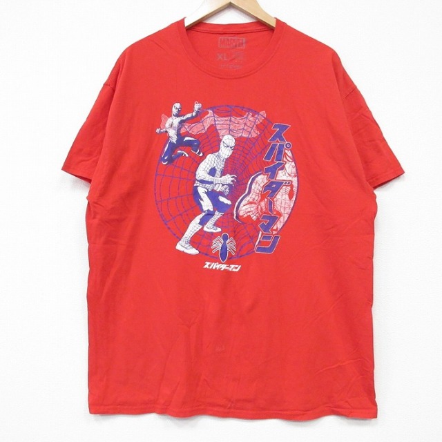 XL★古着 半袖 Tシャツ メンズ マーベル スパイダーマン コットン クルーネック 赤 レッド 25sep08 中古