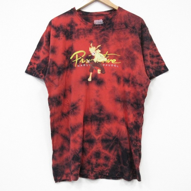 【20%OFF】L★古着 半袖 Tシャツ メンズ アニメ ナルト疾風伝 うずまきナルト コットン クルーネック 赤他 レッド タイダイ 25sep08 中古