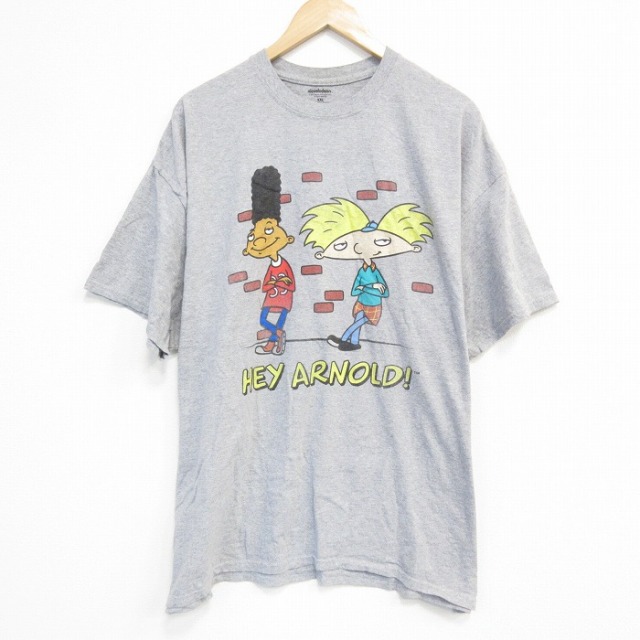 XL★古着 半袖 Tシャツ メンズ アニメ ニコロデオン ヘイアーノルド 大きいサイズ クルーネック グレー 霜降り 【spe】 25sep08 中古