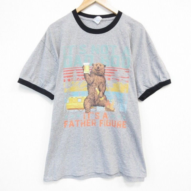 XL★古着 半袖 Tシャツ メンズ クマ クルーネック グレー 霜降り リンガー 25sep08 中古