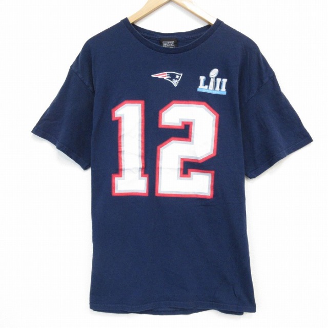 XL★古着 半袖 Tシャツ メンズ NFL ニューイングランドペイトリオッツ トムブレディ コットン クルーネック 紺 ネイビー アメフト スーパーボウル 25sep08 中古