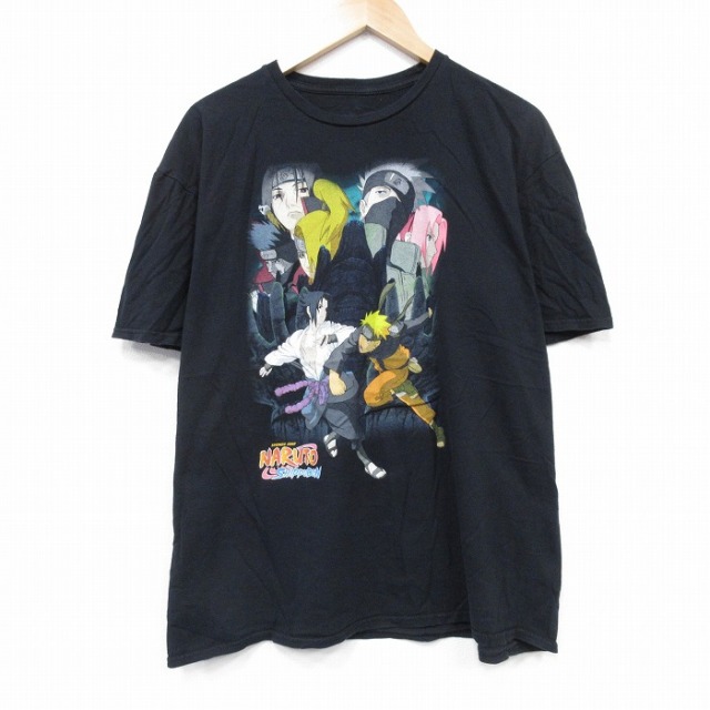 XL★古着 半袖 Tシャツ メンズ アニメ ナルト疾風伝 うずまきナルト コットン クルーネック 黒 ブラック 25sep20 中古