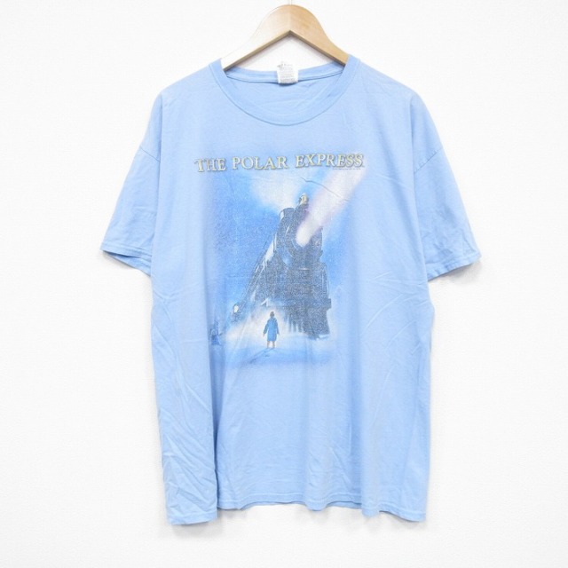 XL★古着 フルーツオブザルーム 半袖 Tシャツ メンズ 映画 ポーラーエクスプレス コットン クルーネック 水色 25sep20 中古