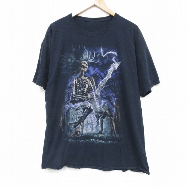 XL★古着 半袖 Tシャツ メンズ スケルトン クルーネック 黒 ブラック 25sep20 中古