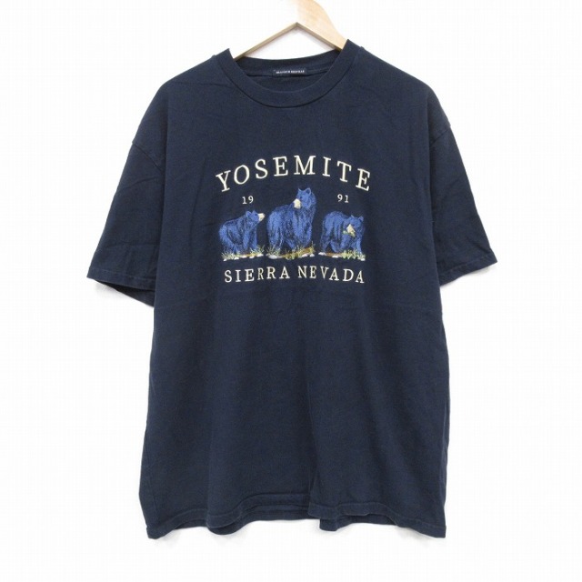 【20%OFF】XL★古着 半袖 Tシャツ メンズ ヨセミテ クマ 刺繍 大きいサイズ クルーネック 薄紺 ネイビー 25sep20 中古