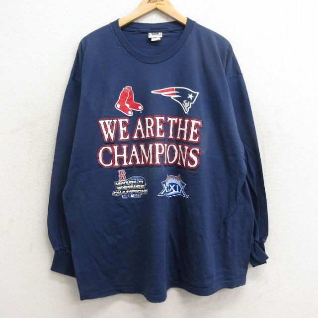 【50%OFF】XL★古着 リー Lee 長袖 ビンテージ Tシャツ メンズ 00年代 00s NFL ニューイングランドペイトリオッツ MLB ボストンレッドソックス 大きいサイズ コットン クルーネック 紺 ネイビー アメフト スーパーボウル メジャーリーグ ベースボール 野球 【spe】 24may27