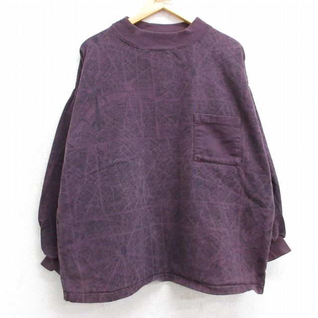 XL★古着 エクスプレス 長袖 ビンテージ トップス メンズ 90年代 90s 総柄 胸ポケット付き 大きいサイズ コットン クルーネック USA製 紫 パープル 25feb14 中古