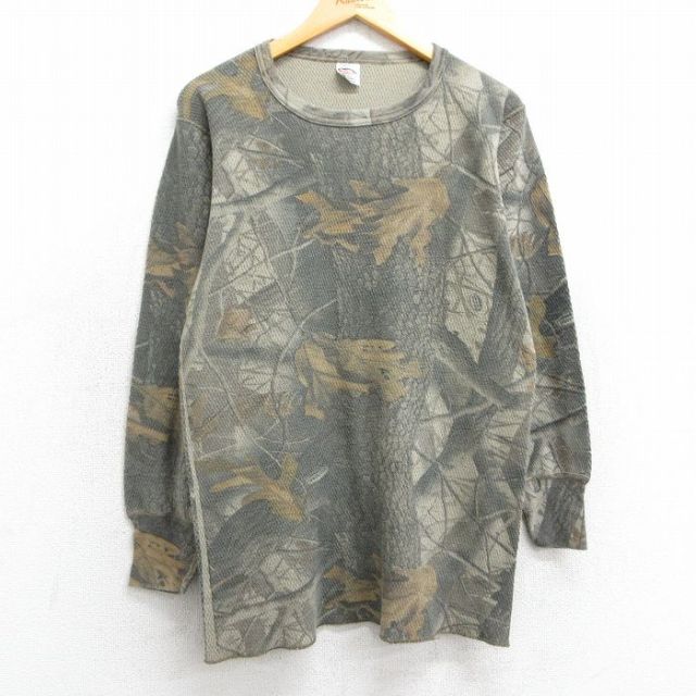 L★古着 長袖 サーマル Tシャツ メンズ リアルツリー クルーネック ベージュ系 カーキ 迷彩 25feb14 中古