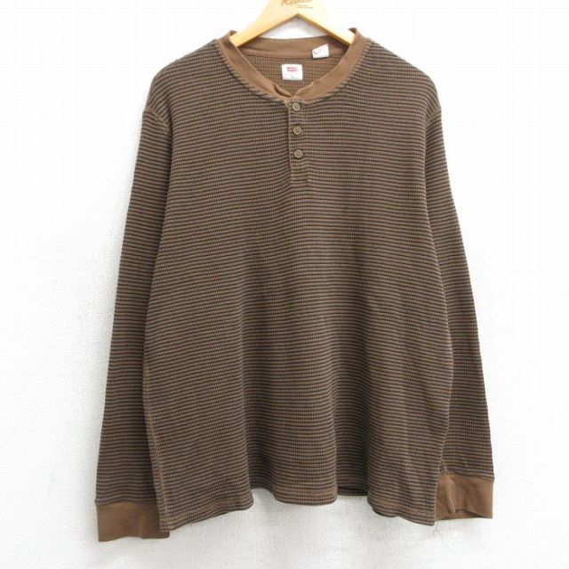 XL★古着 リーバイス Levis 長袖 サーマル Tシャツ メンズ 大きいサイズ コットン ヘンリーネック 茶他 ブラウン ボーダー 25feb14 中古