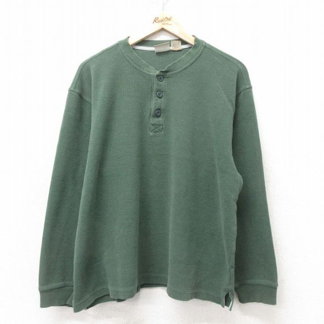 XL★古着 エルエルビーン LLBEAN 長袖 ビンテージ サーマル Tシャツ メンズ 00年代 00s 無地 大きいサイズ コットン ヘンリーネック 緑 グリーン 25feb14 中古