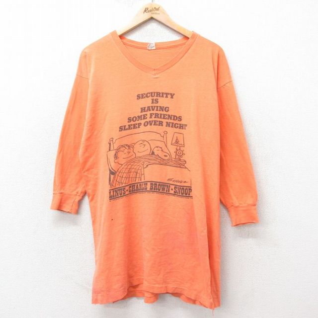 L★古着 スプルース 長袖 ビンテージ Tシャツ メンズ 60年代 60s スヌーピー SNOOPY 染込プリント コットン Vネック USA製 オレンジ 【spe】 25feb14 中古