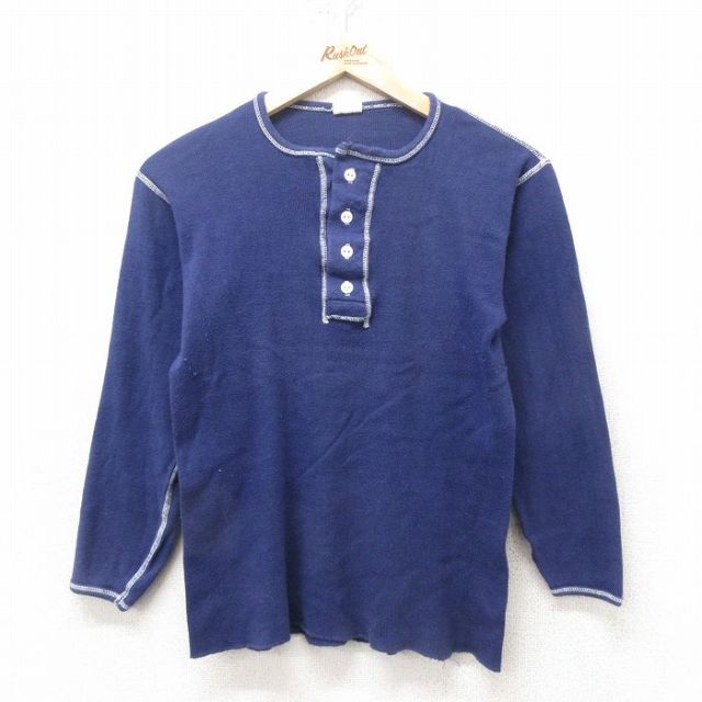 M★古着 長袖 ビンテージ サーマル Tシャツ メンズ 70年代 70s コットン ヘンリーネック 紺 ネイビー 25feb14 中古