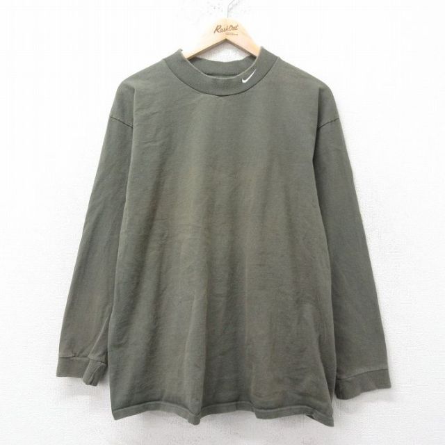 XL★古着 ナイキ NIKE 長袖 ビンテージ Tシャツ メンズ 00年代 00s ワンポイントロゴ コットン モックネック ハイネック 緑 グリーン 25feb14 中古