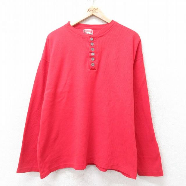 XL★古着 マルボロ 長袖 ビンテージ Tシャツ メンズ 90年代 90s 無地 大きいサイズ コットン ヘンリーネック 赤 レッド 25feb14 中古