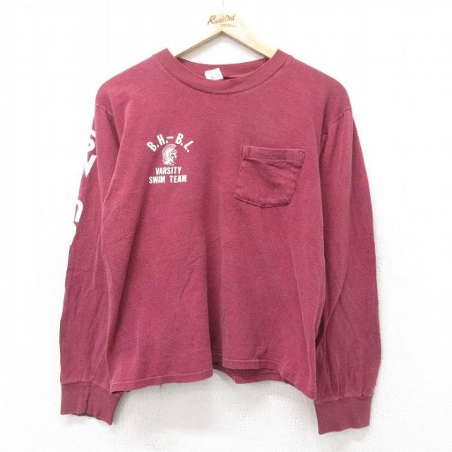 L★古着 チャンピオン champion 長袖 ビンテージ Tシャツ メンズ 80年代 80s SWIM 胸ポケット付き コットン クルーネック USA製 エンジ 【spe】 25feb14 中古