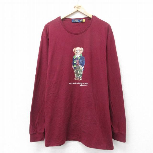 XL★古着 ラルフローレン Ralph Lauren 長袖 ブランド Tシャツ メンズ ポロベア 大きいサイズ ロング丈 コットン クルーネック エンジ 25feb14 中古