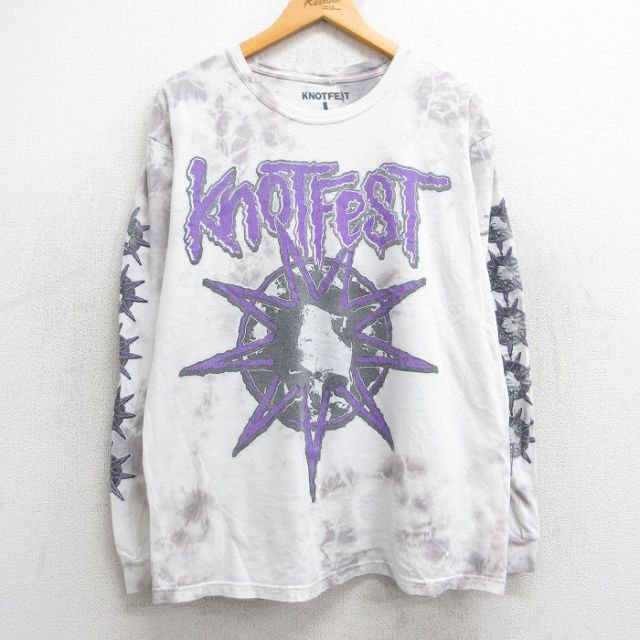 XL★古着 長袖 ロック バンド Tシャツ メンズ スリップノット ノットフェス コットン クルーネック 白他 ホワイト タイダイ 【spe】 25feb15 中古