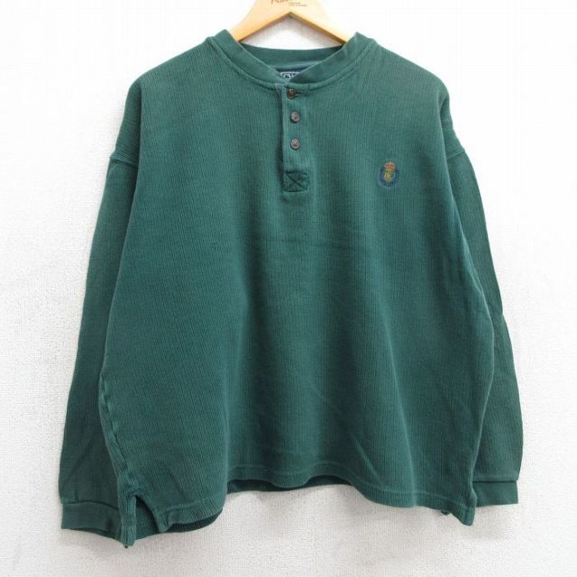 XL★古着 ラルフローレン Ralph Lauren チャップス 長袖 ビンテージ ブランド Tシャツ メンズ 80年代 80s ワンポイントロゴ 大きいサイズ コットン ヘンリーネック 緑 グリーン 25feb15 中古