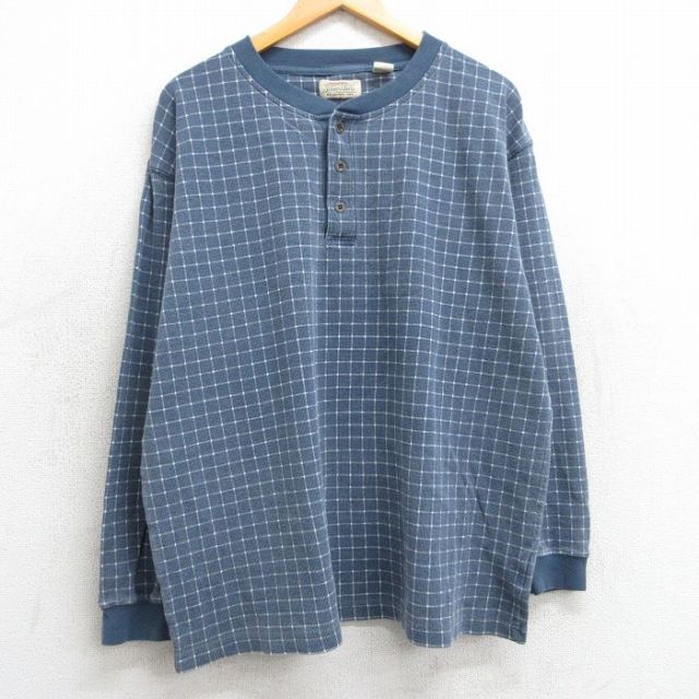 XL★古着 セントジョンズベイ 長袖 ビンテージ Tシャツ メンズ 00年代 00s 大きいサイズ コットン ヘンリーネック 薄紺他 ネイビー チェック 25feb15 中古