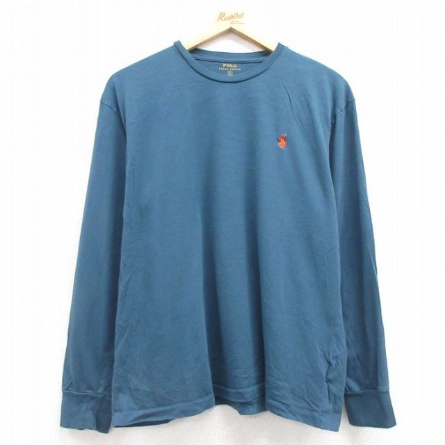 L★古着 ラルフローレン Ralph Lauren 長袖 ブランド Tシャツ メンズ ワンポイントロゴ コットン クルーネック 青緑 25feb27 中古