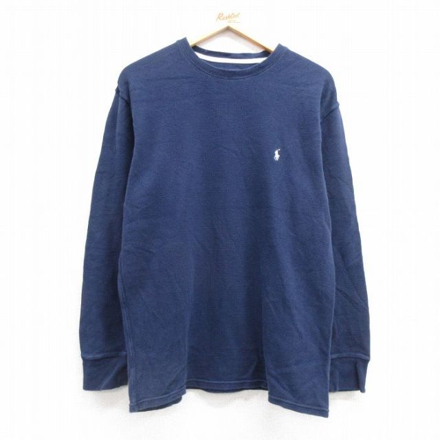 XL★古着 ラルフローレン Ralph Lauren 長袖 ブランド サーマル Tシャツ メンズ ワンポイントロゴ 大きいサイズ コットン クルーネック 紺 ネイビー 25feb27 中古