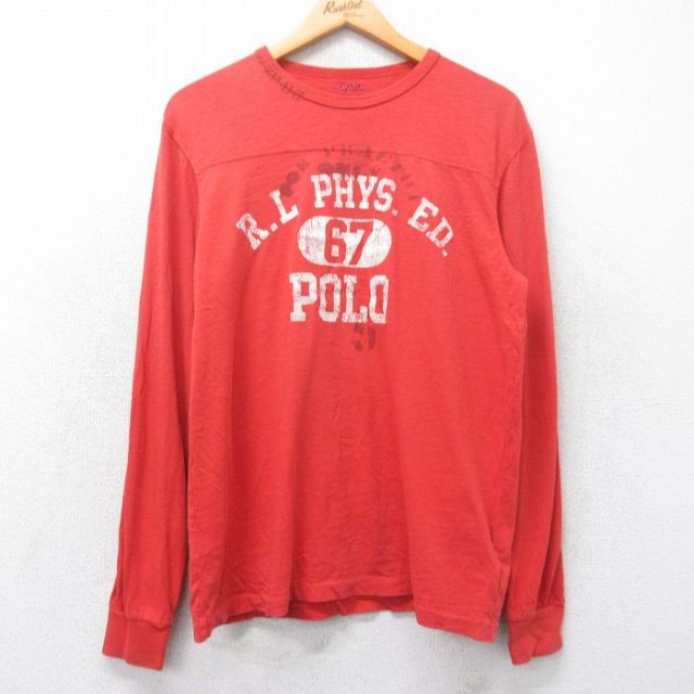 L★古着 ラルフローレン Ralph Lauren 長袖 ブランド フットボール Tシャツ メンズ ビッグロゴ コットン クルーネック 赤系 レッド 25feb27 中古