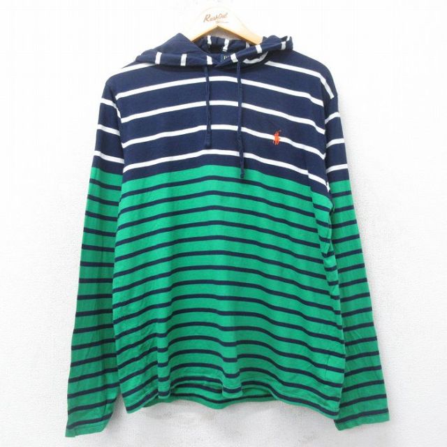 XL★古着 ラルフローレン Ralph Lauren 長袖 ブランド Tシャツ パーカー メンズ ワンポイントロゴ コットン 紺他 ネイビー ボーダー 25feb27 中古