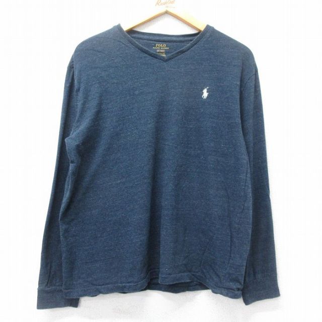 L★古着 ラルフローレン Ralph Lauren 長袖 ブランド Tシャツ メンズ ワンポイントロゴ コットン Vネック 紺 ネイビー 霜降り 25feb27 中古