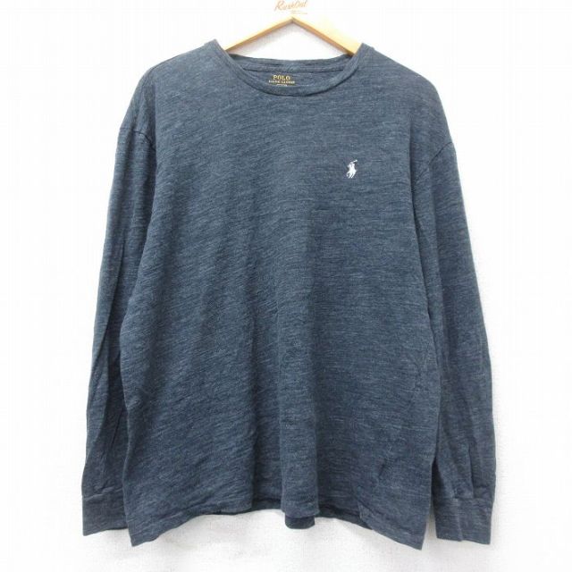 XL★古着 ラルフローレン Ralph Lauren 長袖 ブランド Tシャツ メンズ ワンポイントロゴ コットン クルーネック 紺 ネイビー 霜降り 25feb27 中古