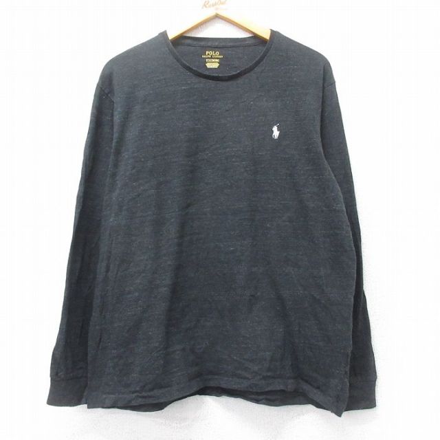 XL★古着 ラルフローレン Ralph Lauren 長袖 ブランド Tシャツ メンズ ワンポイントロゴ クルーネック 黒 ブラック 霜降り 25feb27 中古