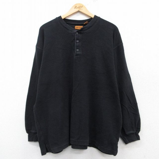 XL★古着 長袖 サーマル Tシャツ メンズ 無地 大きいサイズ コットン ヘンリーネック 黒 ブラック 25feb28 中古