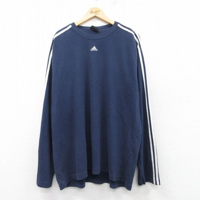 XL★古着 アディダス adidas 長袖 Tシャツ メンズ ワンポイントロゴ 大きいサイズ クルーネック 紺 ネイビー 3本ライン 25feb28 中古