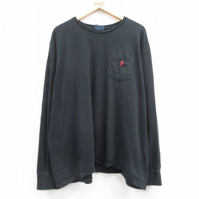 XL★古着 ラルフローレン Ralph Lauren 長袖 ブランド Tシャツ メンズ 90年代 90s ワンポイントロゴ 胸ポケット付き 大きいサイズ コットン クルーネック 黒 ブラック 25feb28 中古