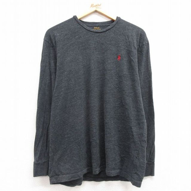 L★古着 ラルフローレン Ralph Lauren 長袖 ブランド Tシャツ メンズ ワンポイントロゴ コットン クルーネック 濃グレー 霜降り 25feb28 中古