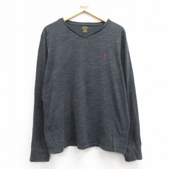 XL★古着 ラルフローレン Ralph Lauren 長袖 ブランド Tシャツ メンズ ワンポイントロゴ コットン Vネック 濃グレー 霜降り 25feb28 中古