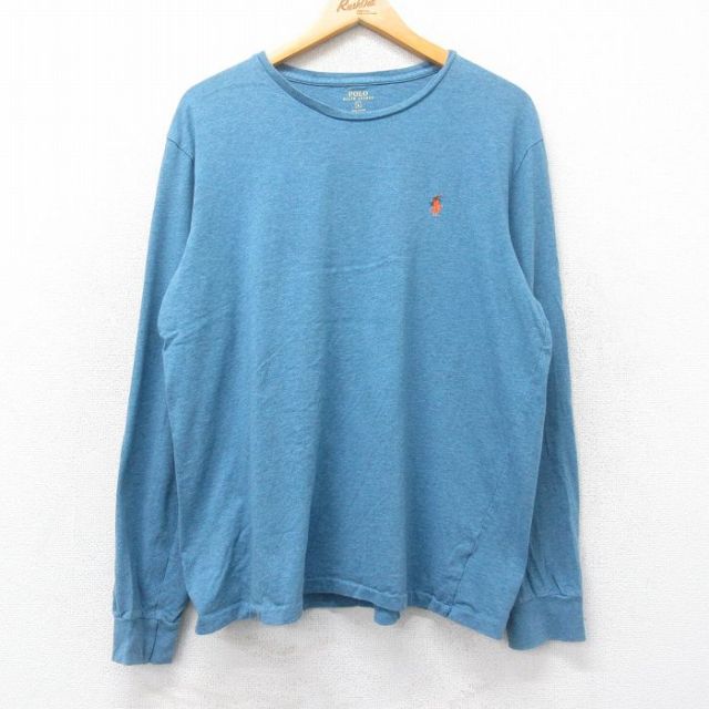 【20%OFF】XL★古着 ラルフローレン Ralph Lauren 長袖 ブランド Tシャツ メンズ ワンポイントロゴ コットン クルーネック 薄紺 ネイビー 霜降り 25feb28 中古