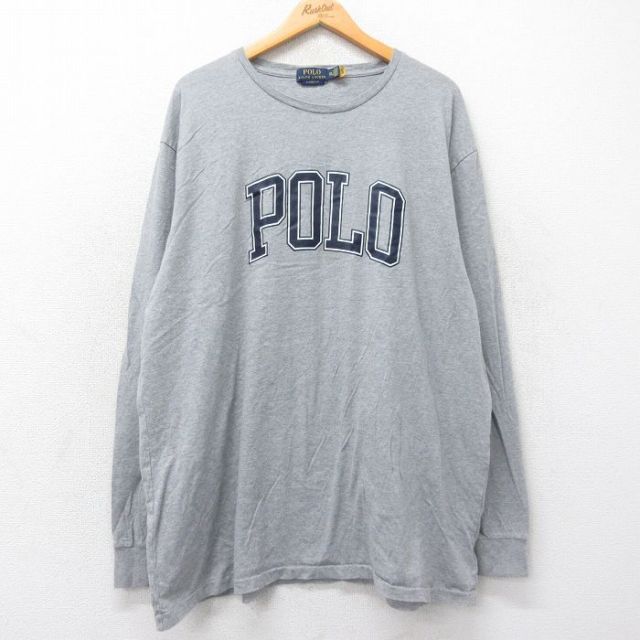 XL★古着 ラルフローレン Ralph Lauren 長袖 ブランド Tシャツ メンズ ビッグロゴ 大きいサイズ ロング丈 コットン クルーネック グレー 霜降り 【spe】 25feb28 中古