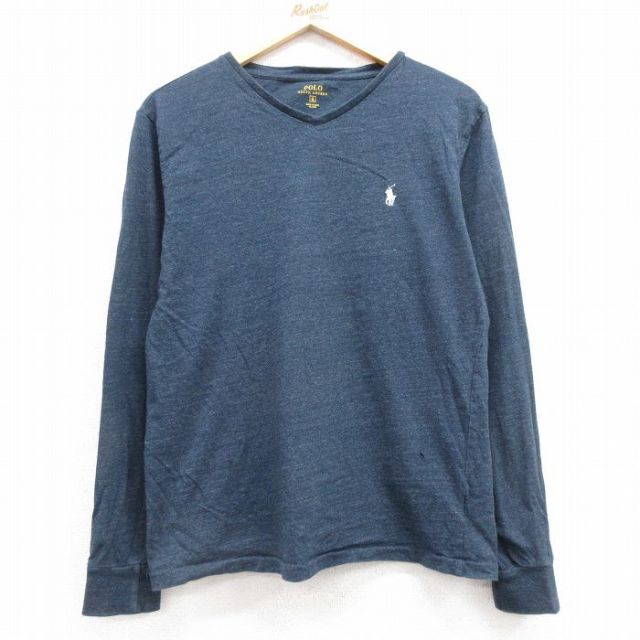 【50%OFF】L★古着 ラルフローレン Ralph Lauren 長袖 ブランド Tシャツ メンズ ワンポイントロゴ コットン VANSネック 紺 ネイビー 霜降り 25mar03 中古