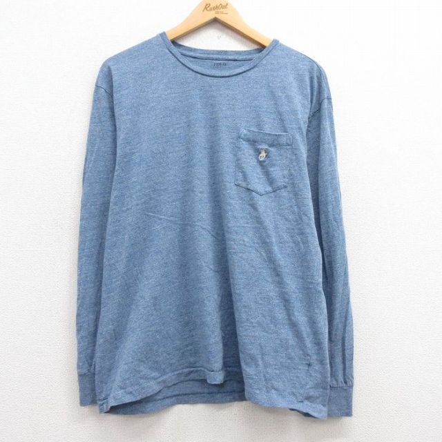 L★古着 ラルフローレン Ralph Lauren 長袖 ブランド Tシャツ メンズ ワンポイントロゴ 胸ポケット付き コットン クルーネック 薄紺 ネイビー 霜降り 25mar03 中古