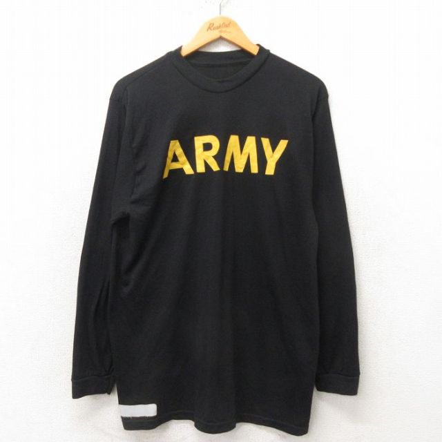 L★古着 長袖 Tシャツ メンズ ミリタリー アーミー ARMY クルーネック USA製 黒 ブラック 25mar03 中古