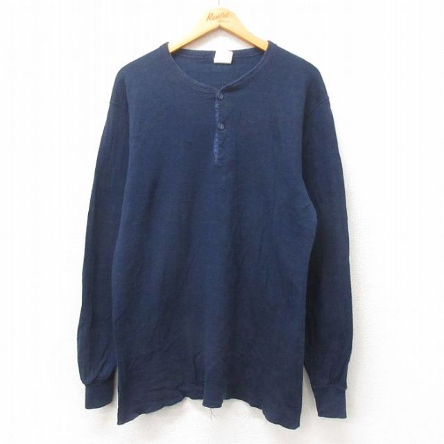 L★古着 長袖 ビンテージ Tシャツ メンズ 80年代 80s 無地 ヘンリーネック USA製 紺 ネイビー 【spe】 25mar03 中古