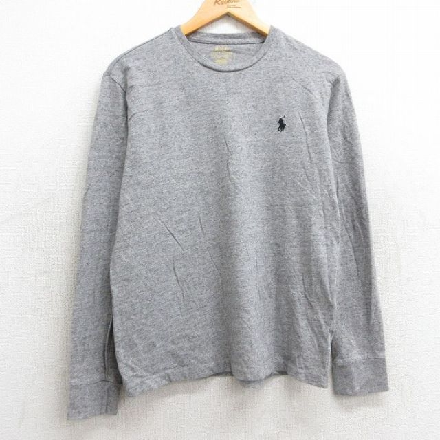 M★古着 ラルフローレン Ralph Lauren 長袖 ブランド Tシャツ メンズ ワンポイントロゴ クルーネック グレー 霜降り 25mar04 中古