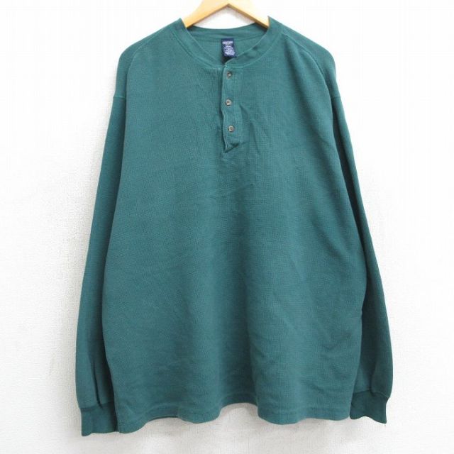XL★古着 ランズエンド 長袖 ビンテージ サーマル Tシャツ メンズ 90年代 90s 無地 大きいサイズ コットン ヘンリーネック USA製 緑 グリーン 25mar04 中古