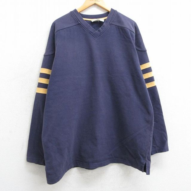 XL★古着 エルエルビーン LLBEAN 長袖 ビンテージ フットボール Tシャツ メンズ 90年代 90s 無地 大きいサイズ ロング丈 Vネック 紺他 ネイビー 【spe】 25mar04 中古